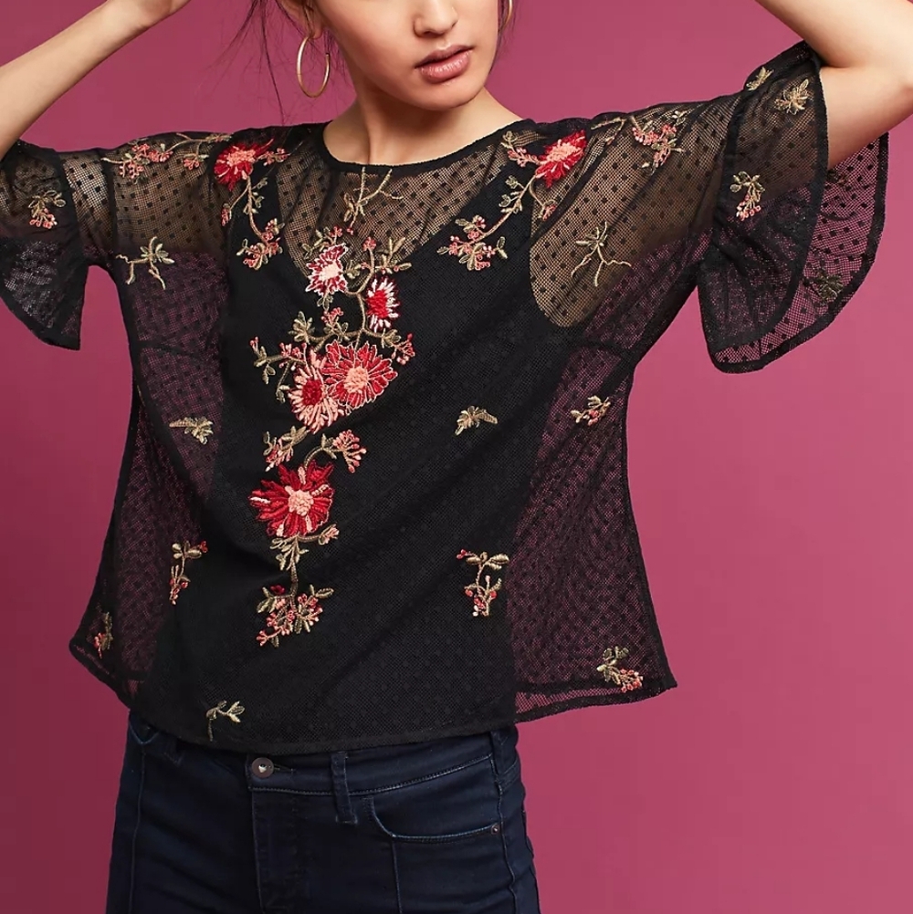 Anthropologie Maeve Embroidered Cadiz Top Floral Sheer Ruffle Sleeve sz M